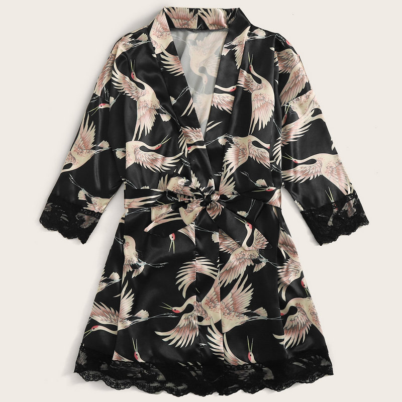 Fashion New Customized Comfortable 3piece Crane Print Contrast Lace Satin Lingerie Set &amp; Belted Robe