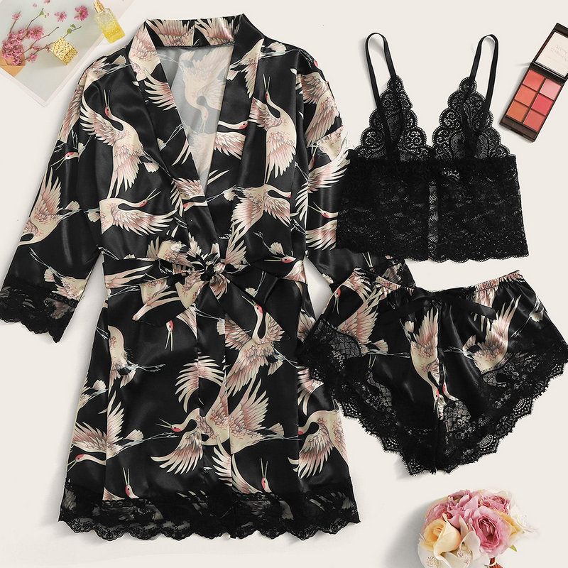 Fashion New Customized Comfortable 3piece Crane Print Contrast Lace Satin Lingerie Set &amp; Belted Robe