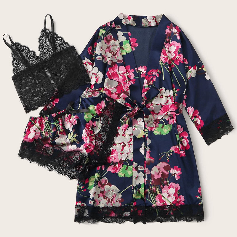 High quality  printing household clothes simulated silk Sleepwear lingerie shorts Three piece suit