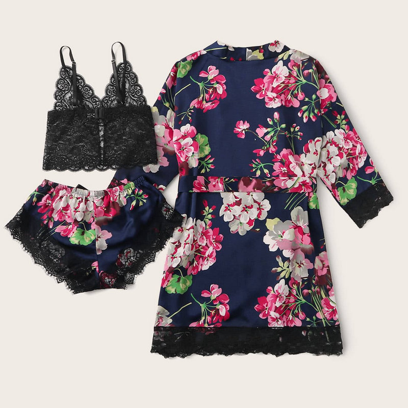 High quality  printing household clothes simulated silk Sleepwear lingerie shorts Three piece suit