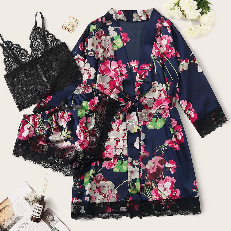 High quality  printing household clothes simulated silk Sleepwear lingerie shorts Three piece suit