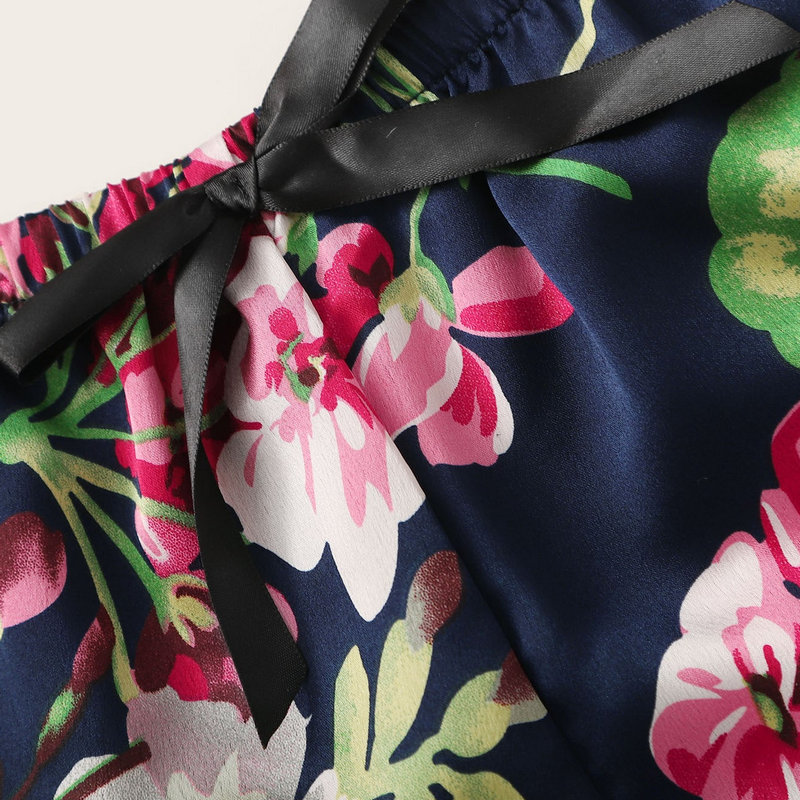 High quality  printing household clothes simulated silk Sleepwear lingerie shorts Three piece suit