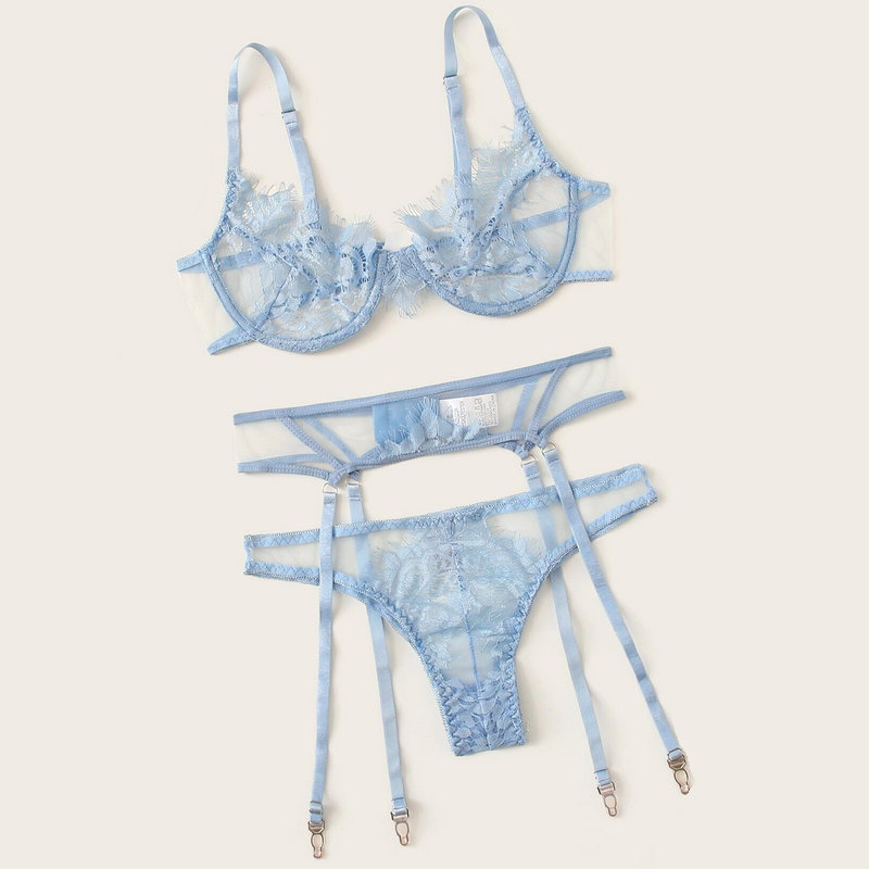 Three piece suit of hot goblin special fancy underwear Floral Lace Underwire Garter Lingerie Set