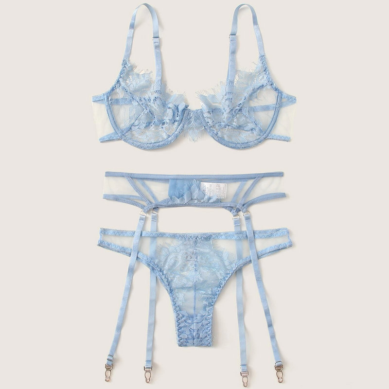 Three piece suit of hot goblin special fancy underwear Floral Lace Underwire Garter Lingerie Set