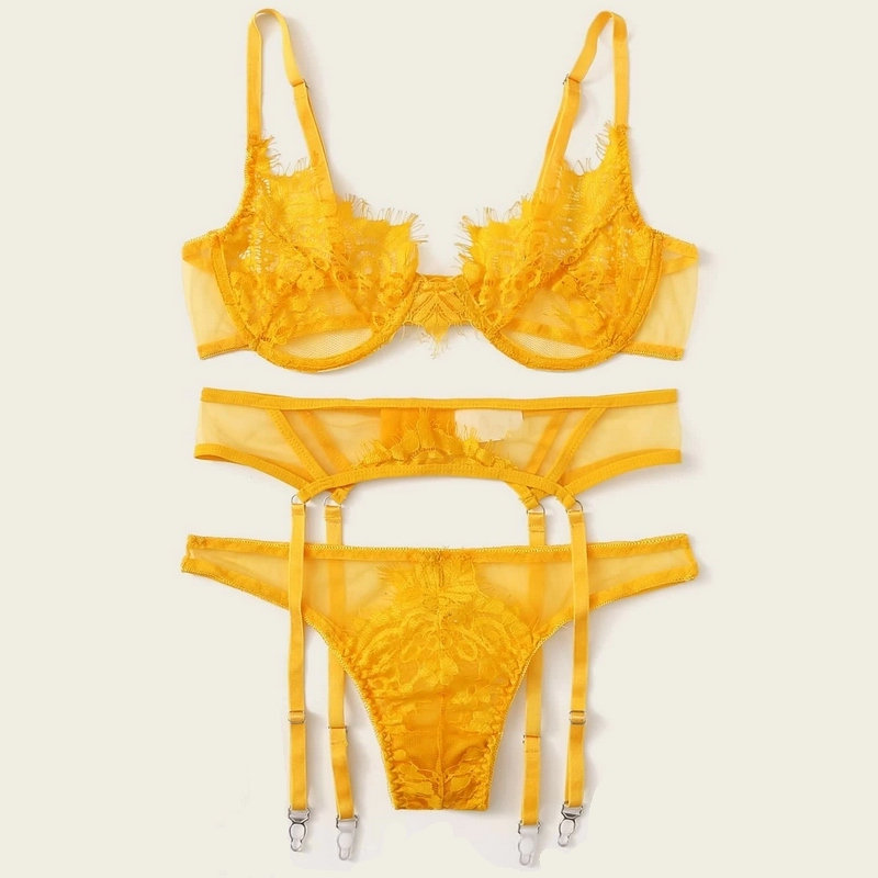 Three piece suit of hot goblin special fancy underwear Floral Lace Underwire Garter Lingerie Set