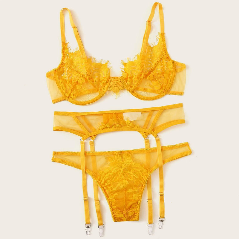 Three piece suit of hot goblin special fancy underwear Floral Lace Underwire Garter Lingerie Set