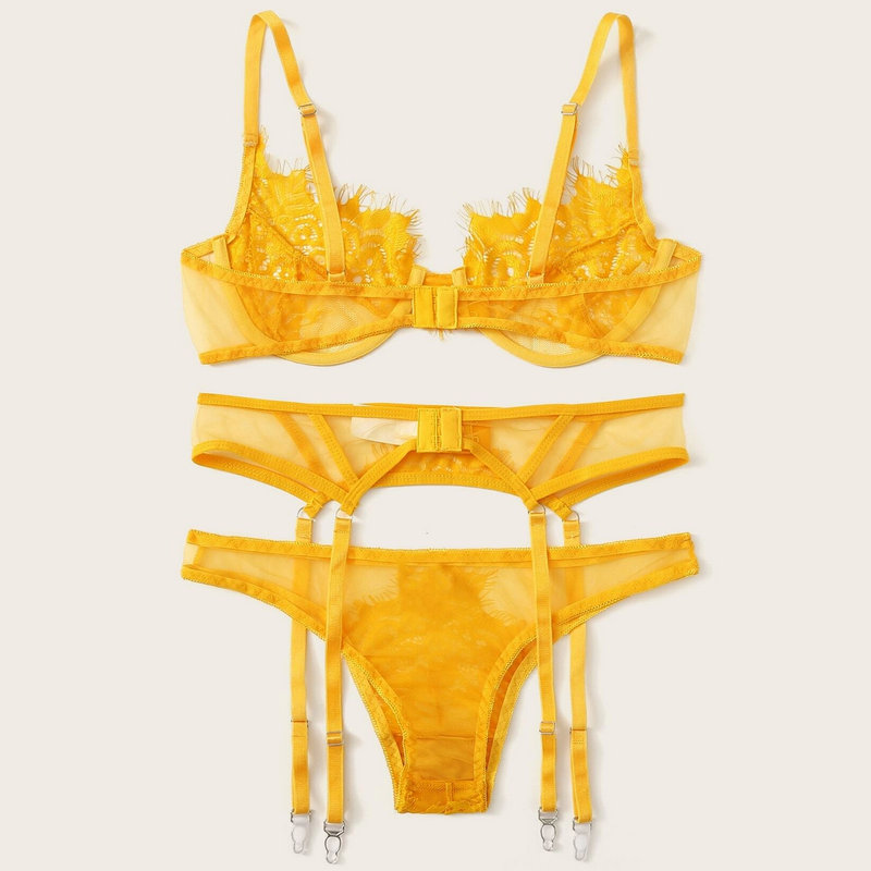 Three piece suit of hot goblin special fancy underwear Floral Lace Underwire Garter Lingerie Set