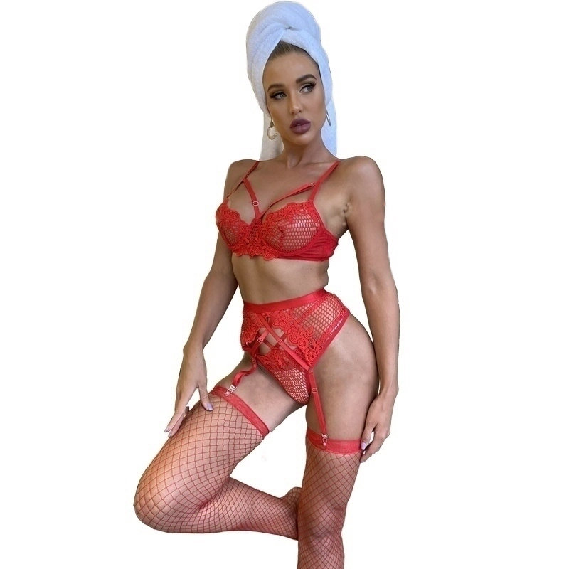 Breathable hollow lace underwear three piece Garter Underwear Set
