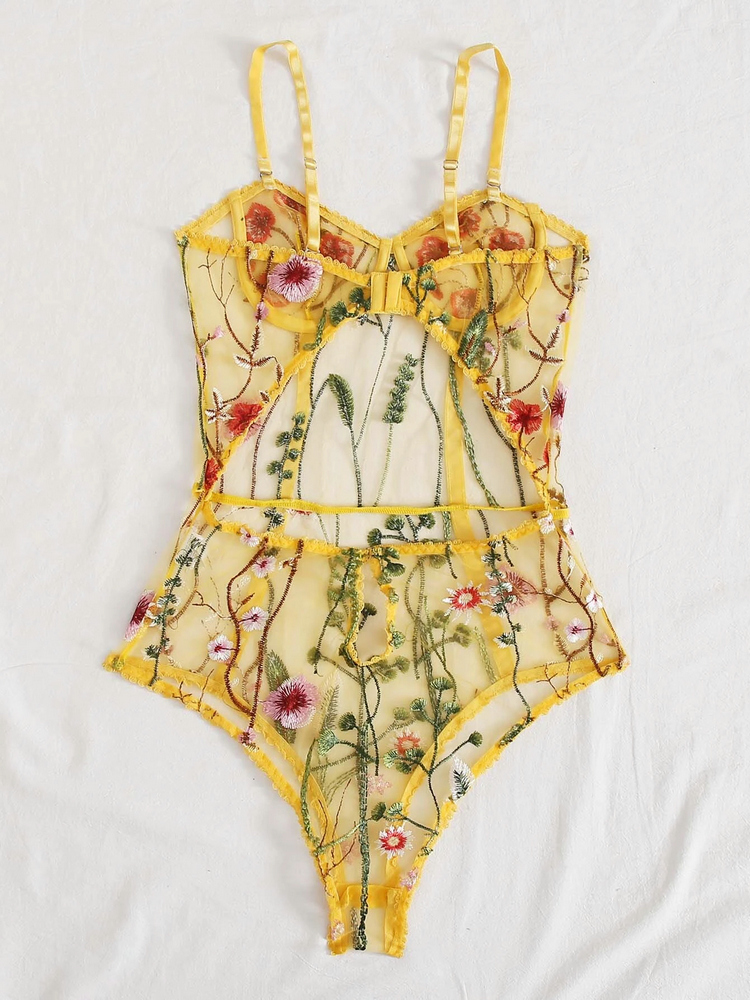 Wholesale new women&apos;s suspenders sexy mesh transparent embroidery bodysuits