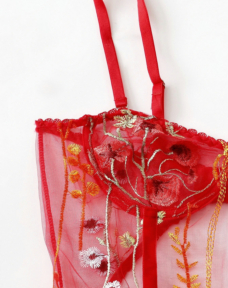 Wholesale new women&apos;s suspenders sexy mesh transparent embroidery bodysuits