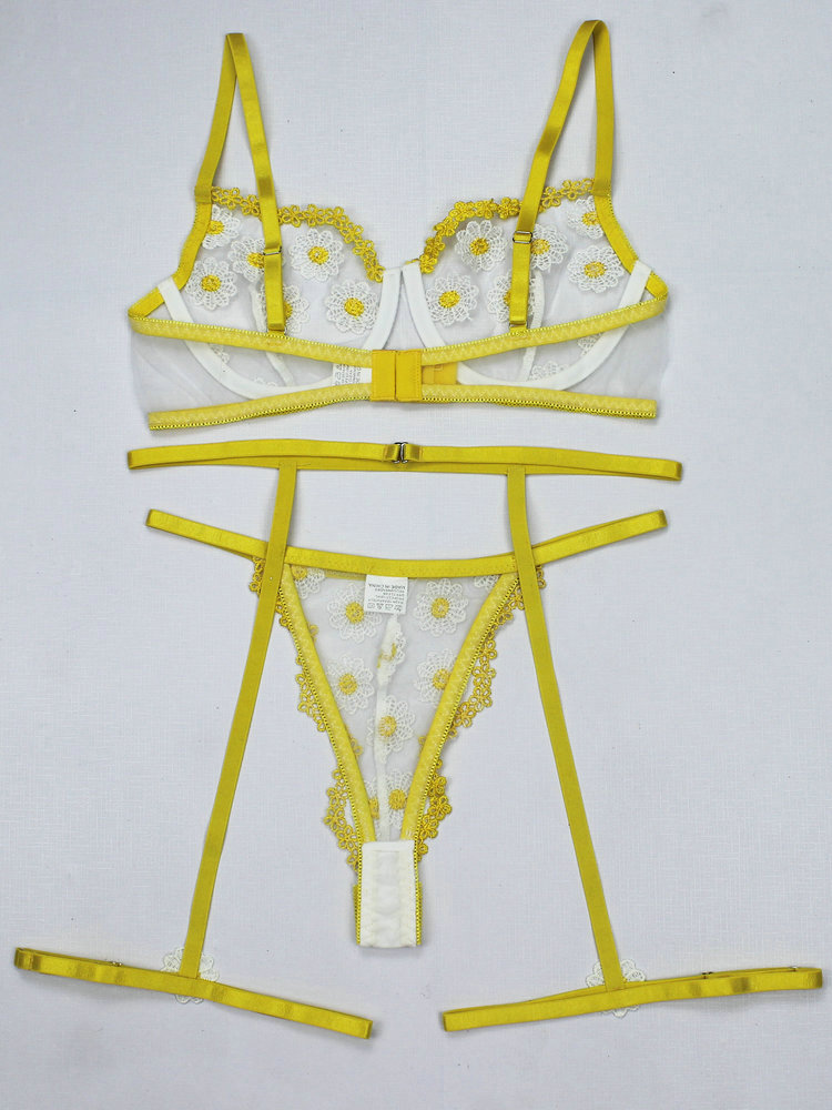 New fashion women&apos;s sexy Daisy Floral Embroidered Mesh Garter Underwire Lingerie Set