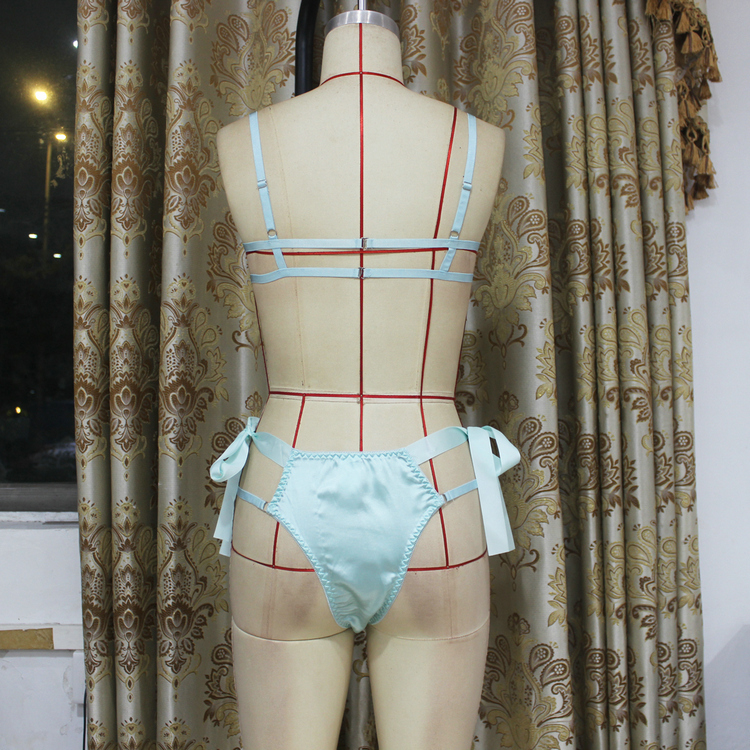 hot sexy small fresh Embroidery Satin bandage leakage temptation super coquettish lingerie Set