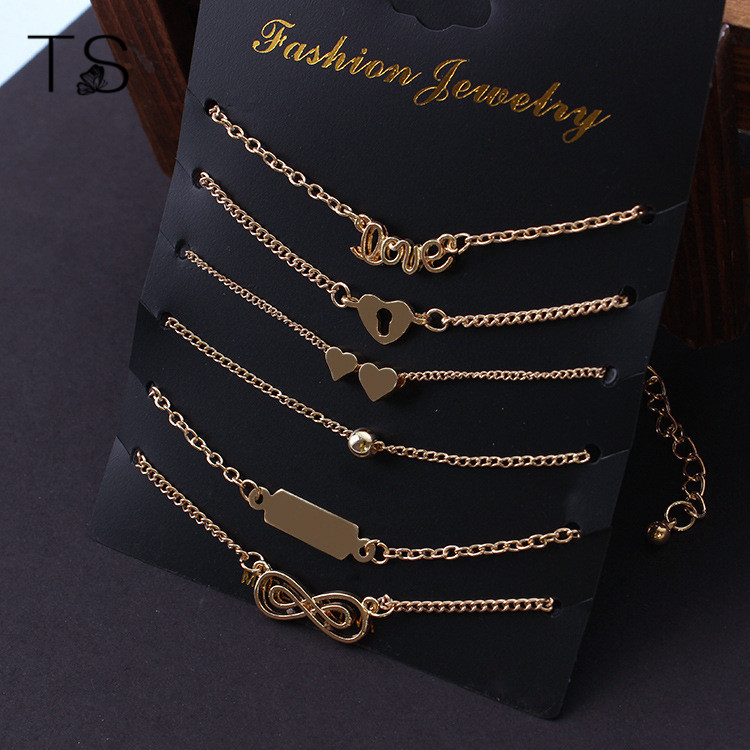 Bracelet Set European Style Fashionable Temperament 8 Words Love Bracelet Women 6 Pieces of Anklets