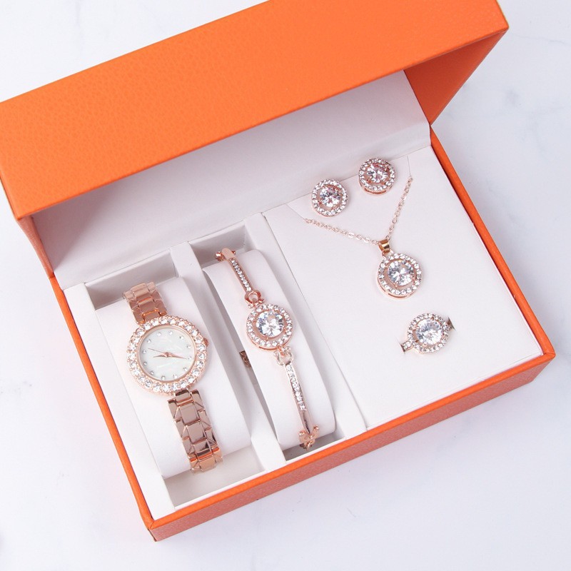 Women's Premium Crystal-Accented Bangle Watch and Bracelet Set Womens Watch Gifts Set with Bracelet Rose Gold Earrings Necklaces Rings for Lady Female Minimalist Simple Slim Thin Casual Quartz Wrist W