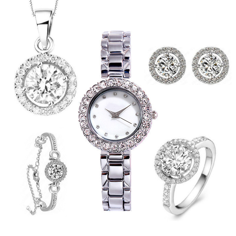 Women's Premium Crystal-Accented Bangle Watch and Bracelet Set Womens Watch Gifts Set with Bracelet Rose Gold Earrings Necklaces Rings for Lady Female Minimalist Simple Slim Thin Casual Quartz Wrist W