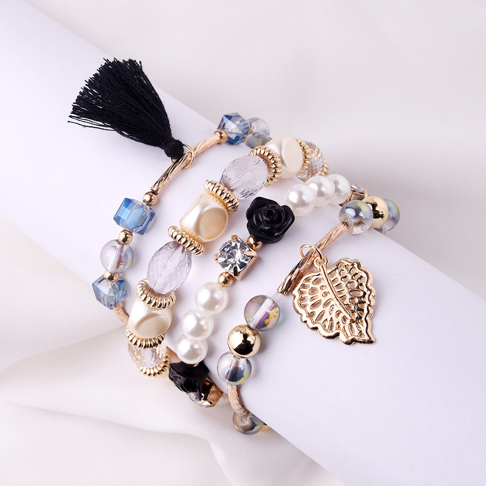 4Pcs/set New Crystal Multi-layer Pearl Bracelets for Women Glaze Alloy Elegant Tassel Girls Hand Chain Stackable Beaded Bangles Sparkly Crystal Anklets for Ladies Gift Jewelry