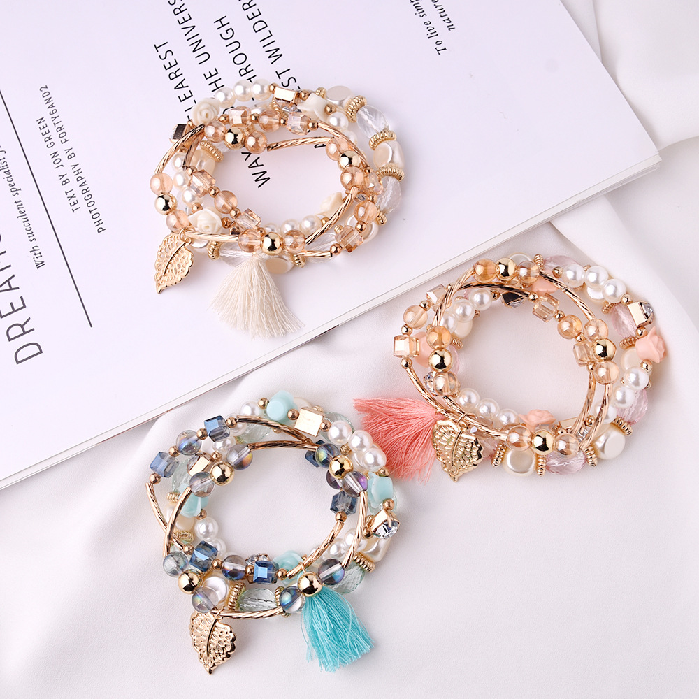 4Pcs/set New Crystal Multi-layer Pearl Bracelets for Women Glaze Alloy Elegant Tassel Girls Hand Chain Stackable Beaded Bangles Sparkly Crystal Anklets for Ladies Gift Jewelry