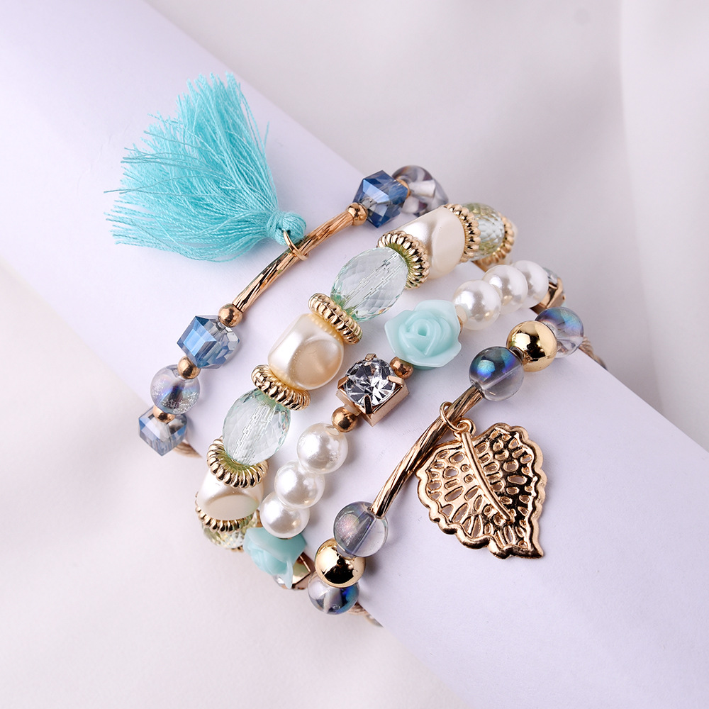 4Pcs/set New Crystal Multi-layer Pearl Bracelets for Women Glaze Alloy Elegant Tassel Girls Hand Chain Stackable Beaded Bangles Sparkly Crystal Anklets for Ladies Gift Jewelry