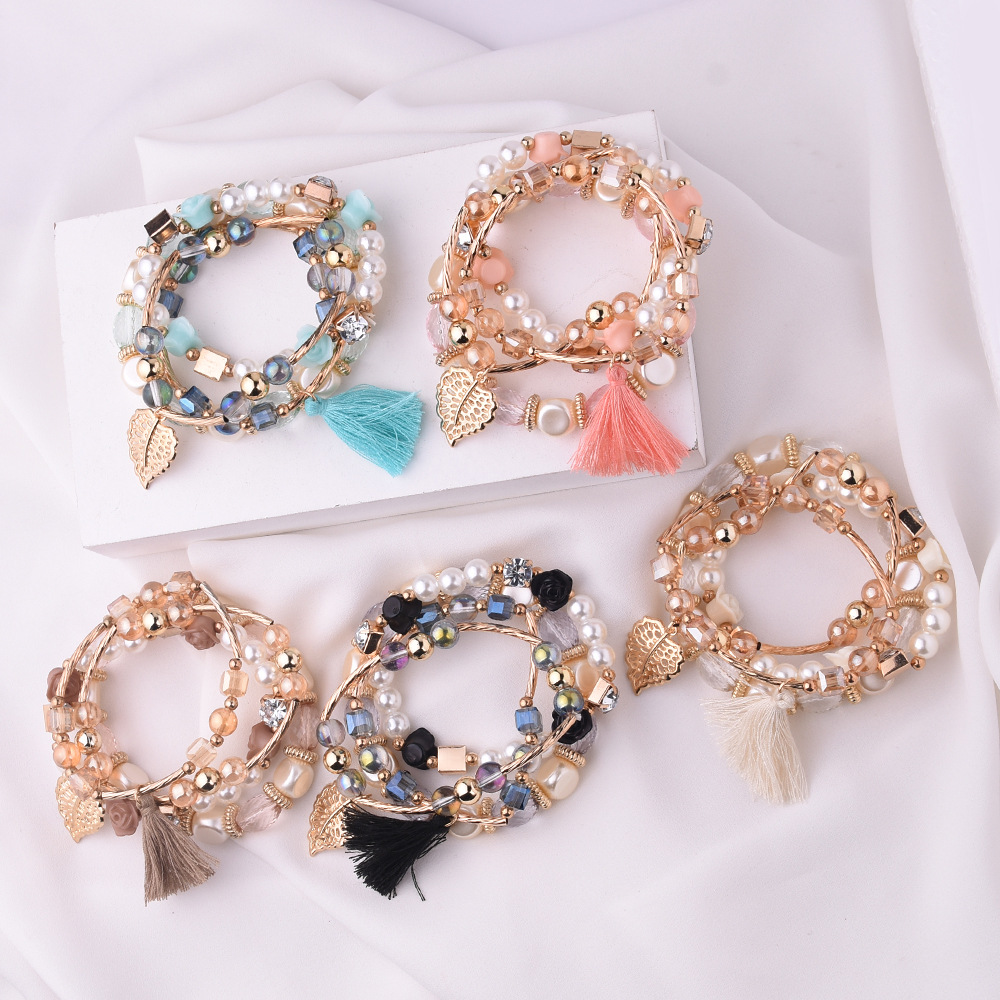 4Pcs/set New Crystal Multi-layer Pearl Bracelets for Women Glaze Alloy Elegant Tassel Girls Hand Chain Stackable Beaded Bangles Sparkly Crystal Anklets for Ladies Gift Jewelry