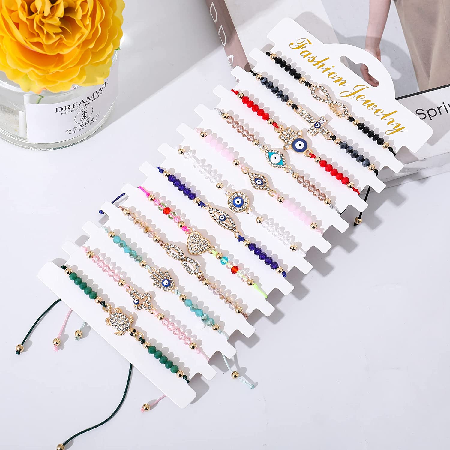 12pcs Evil Eye Bracelets Gold Overlay with Navy Blue Mini Evil Eye Style Clasp Bracelet Lucky Anklet for Women Girls Boys