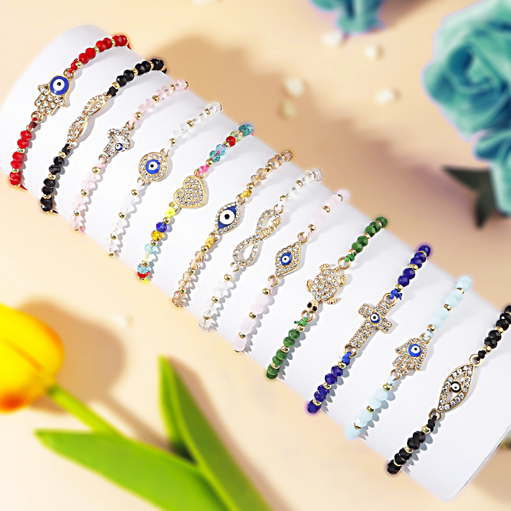 12pcs Evil Eye Bracelets Gold Overlay with Navy Blue Mini Evil Eye Style Clasp Bracelet Lucky Anklet for Women Girls Boys