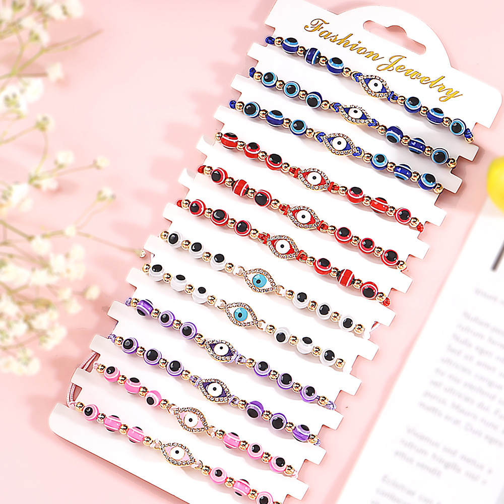 12pcs Evil Eye Bracelets Gold Overlay with Navy Blue Mini Evil Eye Style Clasp Bracelet Lucky Anklet for Women Girls Boys