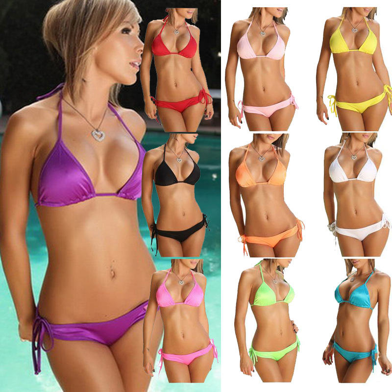 Women's Swimsuit Halter Ribbed Polka Dot Tie Dye String Bathing Suit Bikini Set