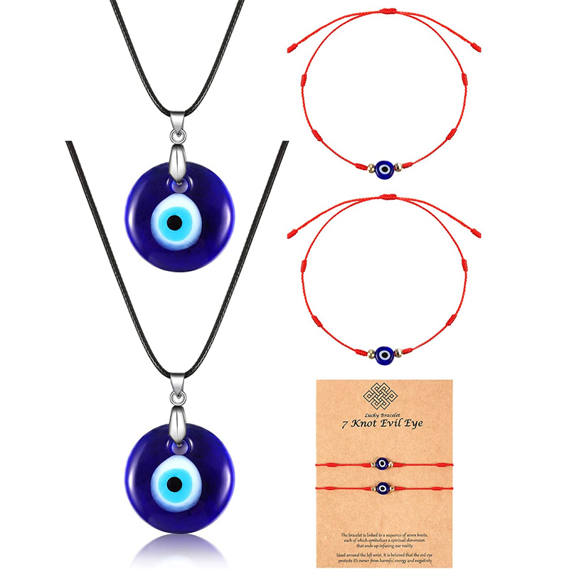 Evil Eye Necklace with Evil Eye Bracelet Set, 2 Pieces Amulet Lucky Bracelets with Card, 2 Pieces Evil Eye Pendant Necklaces Turkish Blue Necklace for Women Men Girls Boys