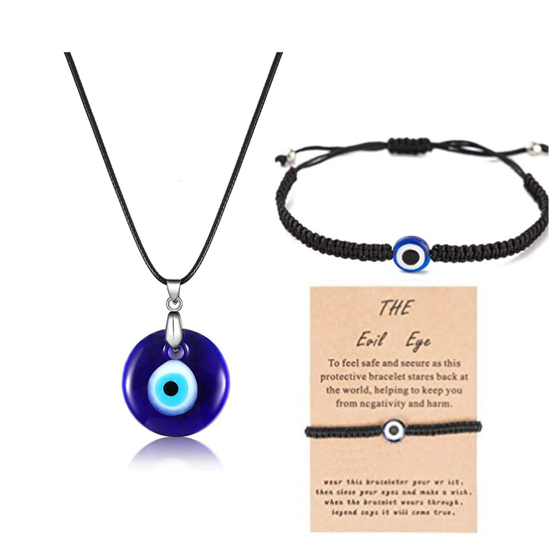 Evil Eye Necklace with Evil Eye Bracelet Set, 2 Pieces Amulet Lucky Bracelets with Card, 2 Pieces Evil Eye Pendant Necklaces Turkish Blue Necklace for Women Men Girls Boys