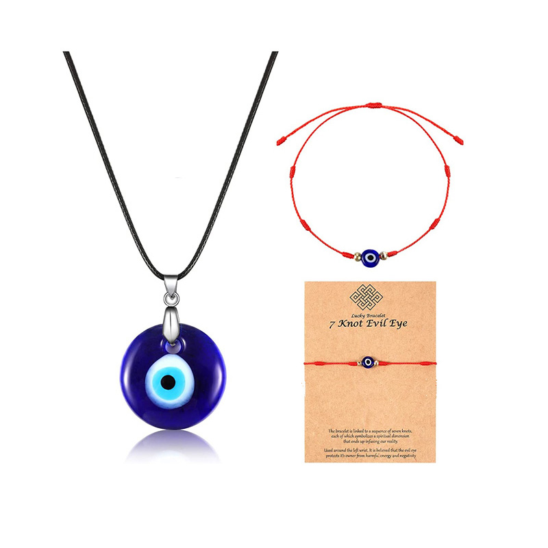 Evil Eye Necklace with Evil Eye Bracelet Set, 2 Pieces Amulet Lucky Bracelets with Card, 2 Pieces Evil Eye Pendant Necklaces Turkish Blue Necklace for Women Men Girls Boys