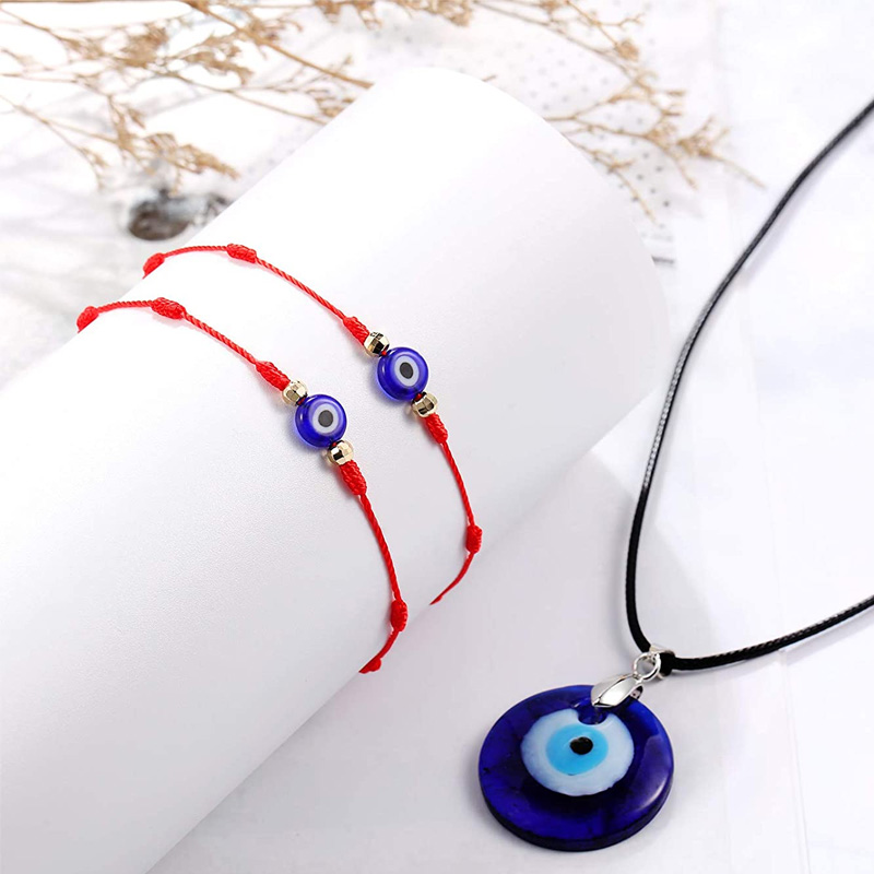 Evil Eye Necklace with Evil Eye Bracelet Set, 2 Pieces Amulet Lucky Bracelets with Card, 2 Pieces Evil Eye Pendant Necklaces Turkish Blue Necklace for Women Men Girls Boys