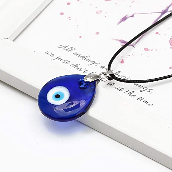 2 pcs Evil Eye Necklace Bracelets, Blue Turkish Glass Leather Rope Evil Eye Necklace for Women Men Lucky Protection Necklace Jewelry