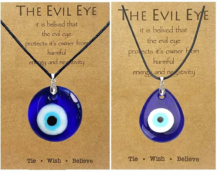 2 pcs Evil Eye Necklace Bracelets, Blue Turkish Glass Leather Rope Evil Eye Necklace for Women Men Lucky Protection Necklace Jewelry