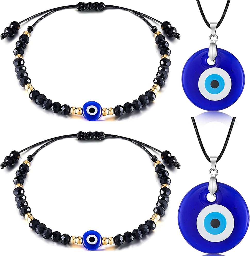 2/4 Pieces Evil Eye Bracelet and Necklace Set Third Eye Jewelry Blue Eye Bead Hamsa Hand Stretch Bracelet and Glass Eye Faux Leather Rope Chain Necklace for Women and Men
