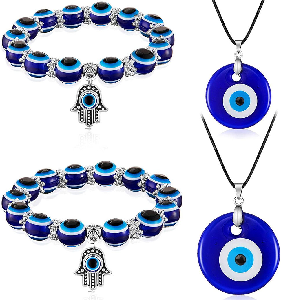 2/4 Pieces Evil Eye Bracelet and Necklace Set Third Eye Jewelry Blue Eye Bead Hamsa Hand Stretch Bracelet and Glass Eye Faux Leather Rope Chain Necklace for Women and Men