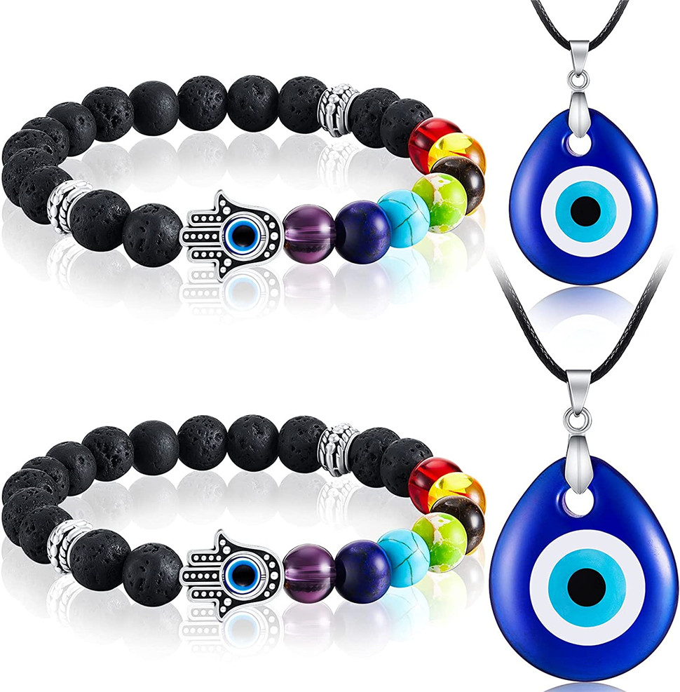 2/4 Pieces Evil Eye Bracelet and Necklace Set Third Eye Jewelry Blue Eye Bead Hamsa Hand Stretch Bracelet and Glass Eye Faux Leather Rope Chain Necklace for Women and Men