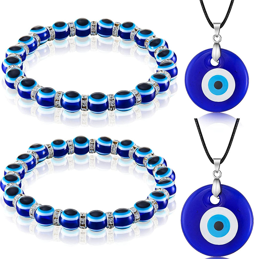 2/4 Pieces Evil Eye Bracelet and Necklace Set Third Eye Jewelry Blue Eye Bead Hamsa Hand Stretch Bracelet and Glass Eye Faux Leather Rope Chain Necklace for Women and Men