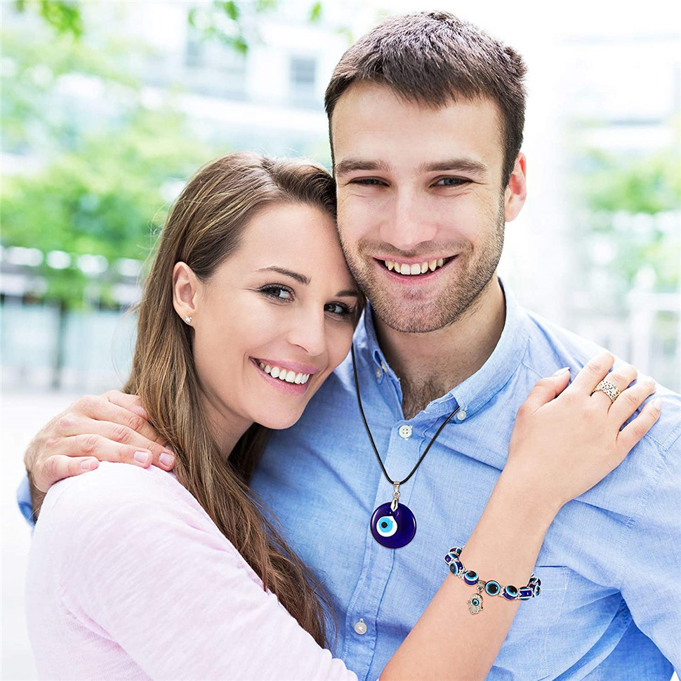 2/4 Pieces Evil Eye Bracelet and Necklace Set Third Eye Jewelry Blue Eye Bead Hamsa Hand Stretch Bracelet and Glass Eye Faux Leather Rope Chain Necklace for Women and Men