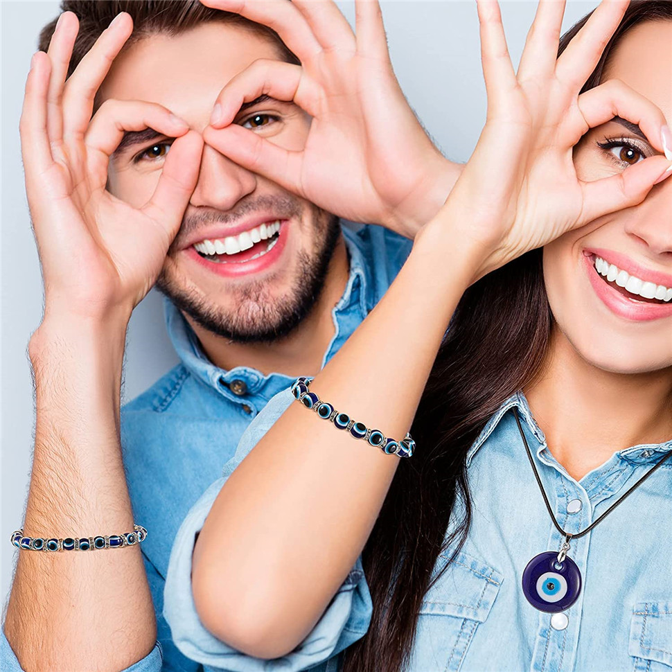 2/4 Pieces Evil Eye Bracelet and Necklace Set Third Eye Jewelry Blue Eye Bead Hamsa Hand Stretch Bracelet and Glass Eye Faux Leather Rope Chain Necklace for Women and Men