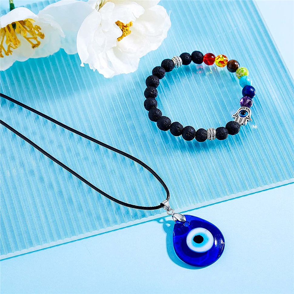 2/4 Pieces Evil Eye Bracelet and Necklace Set Third Eye Jewelry Blue Eye Bead Hamsa Hand Stretch Bracelet and Glass Eye Faux Leather Rope Chain Necklace for Women and Men