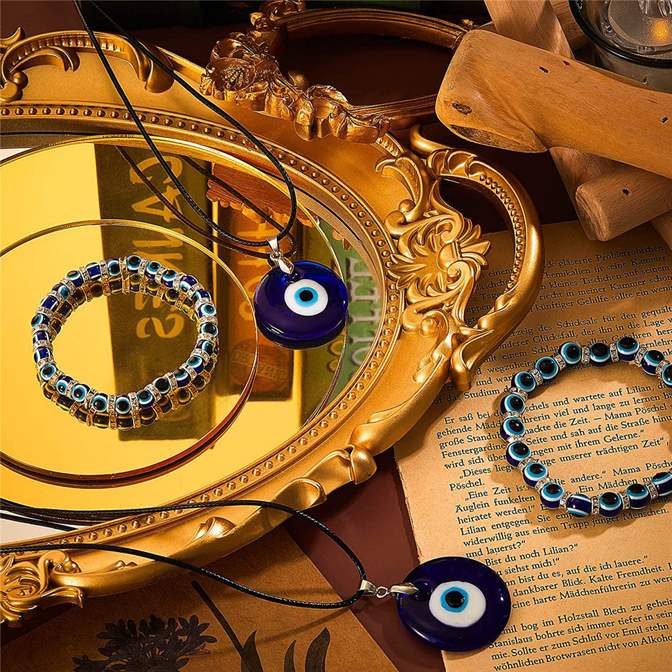 2/4 Pieces Evil Eye Bracelet and Necklace Set Third Eye Jewelry Blue Eye Bead Hamsa Hand Stretch Bracelet and Glass Eye Faux Leather Rope Chain Necklace for Women and Men