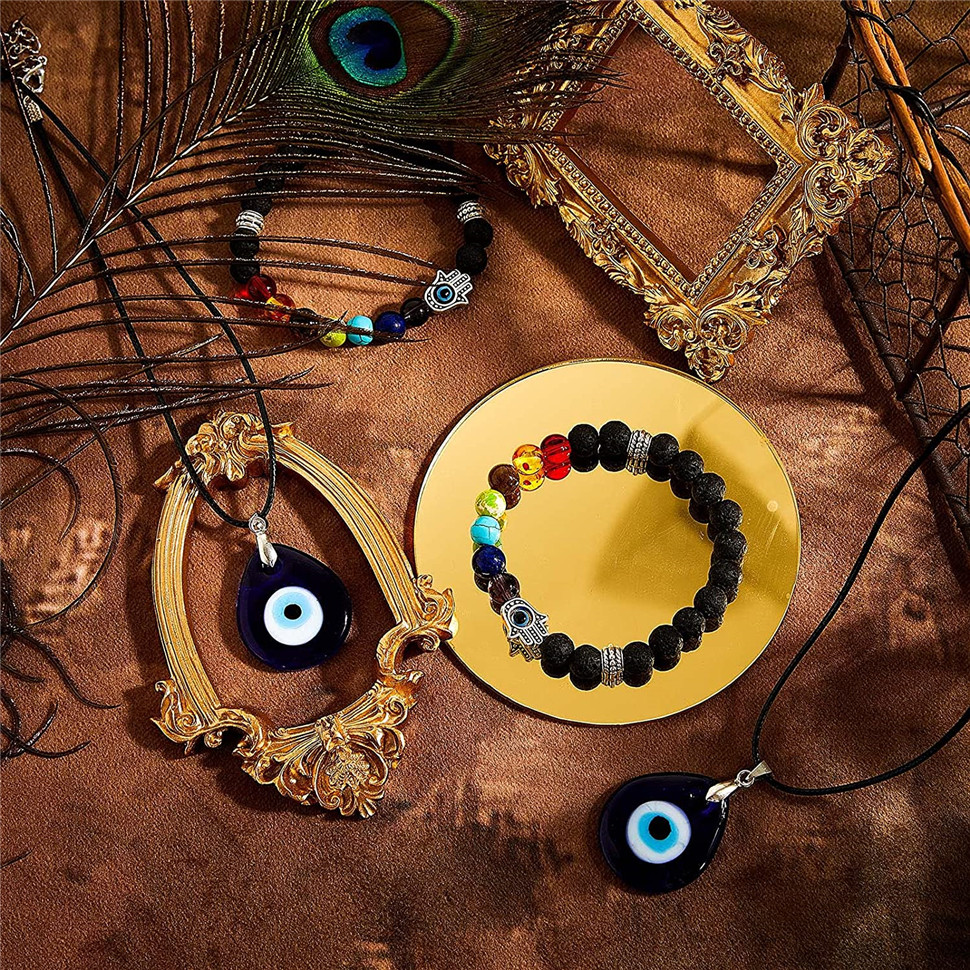 2/4 Pieces Evil Eye Bracelet and Necklace Set Third Eye Jewelry Blue Eye Bead Hamsa Hand Stretch Bracelet and Glass Eye Faux Leather Rope Chain Necklace for Women and Men