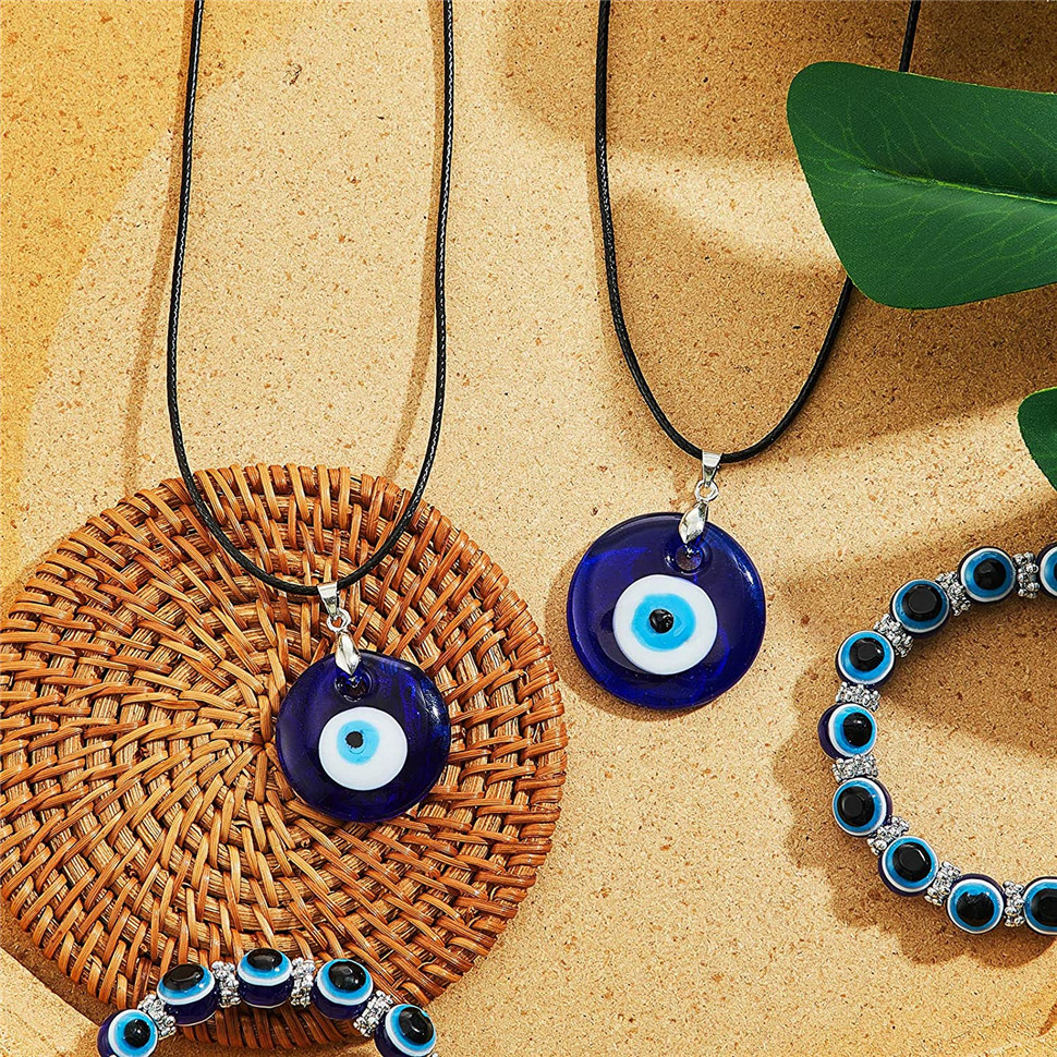 2/4 Pieces Evil Eye Bracelet and Necklace Set Third Eye Jewelry Blue Eye Bead Hamsa Hand Stretch Bracelet and Glass Eye Faux Leather Rope Chain Necklace for Women and Men