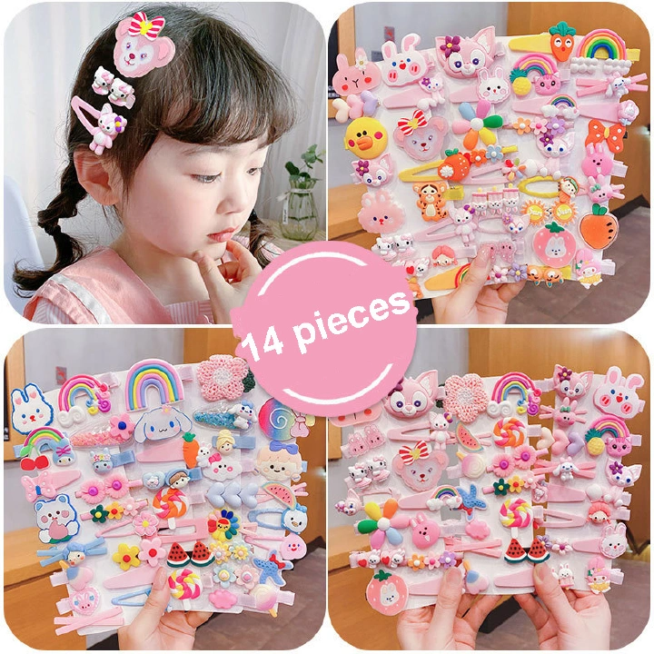 14 Pieces Hairpin Candy-colored Kid's Hair Accessories, Fower and Fruit, Rainbow Hairpin Set, Girl Cartoon Animal Cute Hairpin, Package include 14pcs Hair Clips