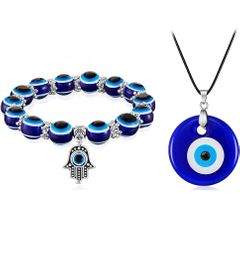 2 Pieces Evil Eye Bracelet and Necklace Set Third Eye Jewelry Blue Eye Bead Hamsa Hand Stretch Bracelet and Glass Eye Faux Leather Rope Chain Necklace for Women as picture set 7(2pcs)