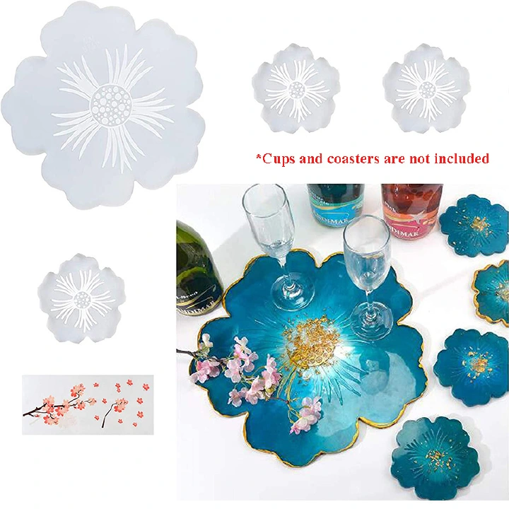 Silicone Resin Coaster Molds, Large Resin Tray Mold for Epoxy and Coaster Molds for Resin Casting, Flower Shape Tray-DIY, Home Decoration