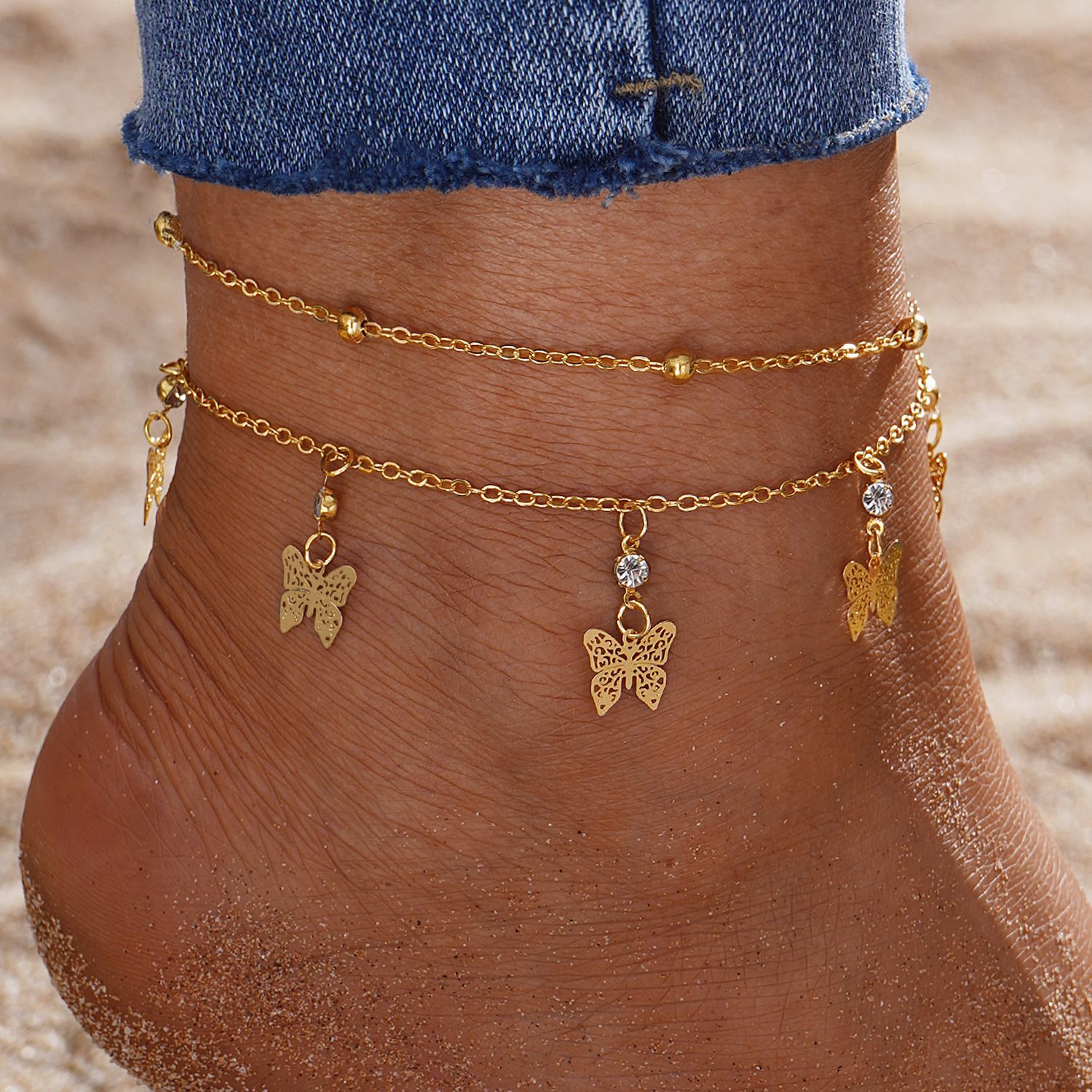 Multilayer Butterfly Anklets for Women Gold Boho Layered Anklets Sets Adjustable Anklet Foot Ankle Bracelet Beach Jewelry