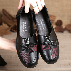 New Women’s artificial leather single shoes Ladies Breathable soft sole mother shoes Comfortable non-slip flats Loafers walking shoes Classic color matching court shoes Black 41