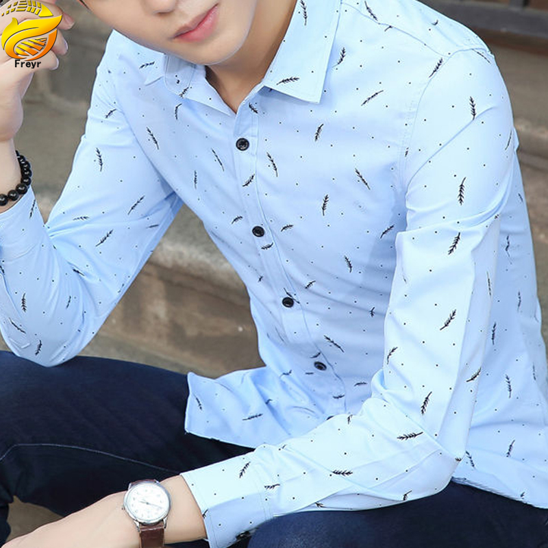 Men’s Clothes Shirts Slim Long Sleeve Shirts business shirt Boys Feather Printed Classic square collar simple shirts Students Clothes