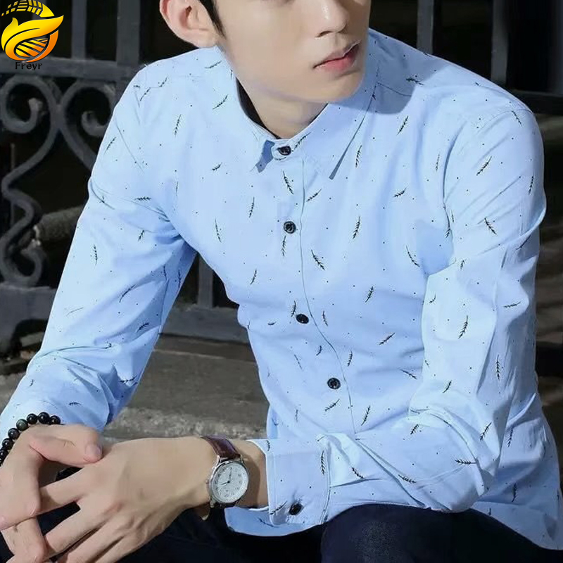 Men’s Clothes Shirts Slim Long Sleeve Shirts business shirt Boys Feather Printed Classic square collar simple shirts Students Clothes